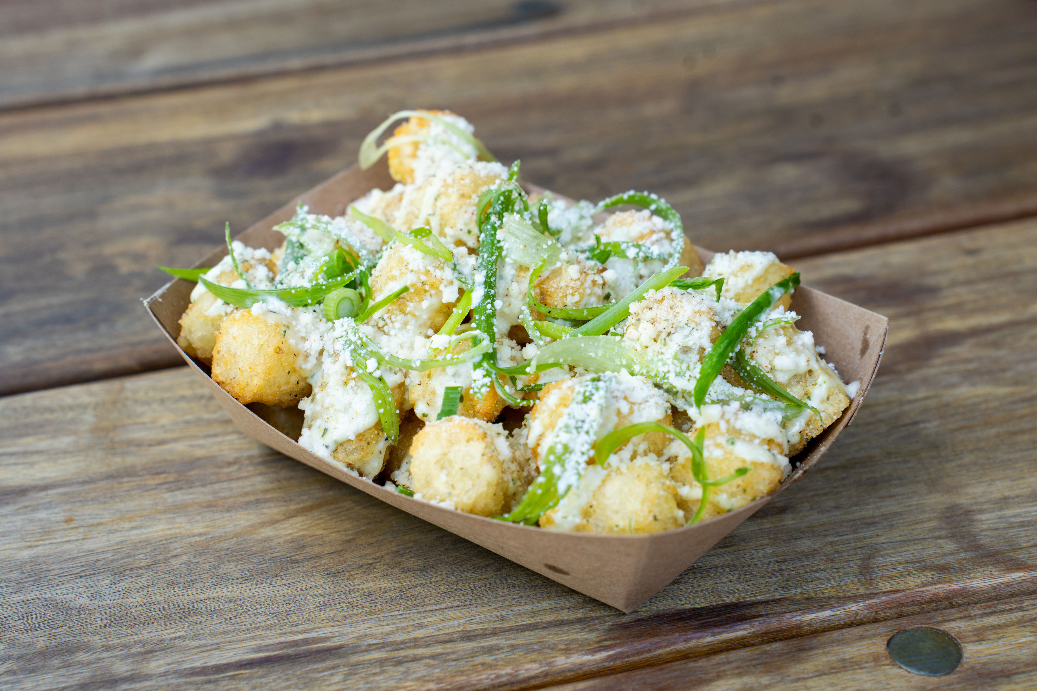 Crispy tater tots with cheese and green onions